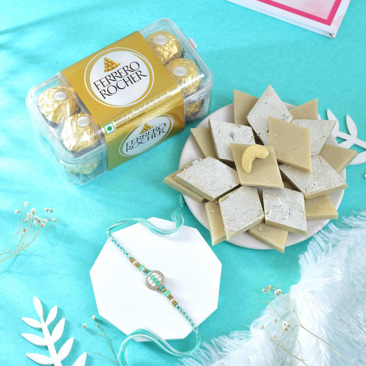 Beautiful Rakhi With Kaju Katli & Ferrero Rocher