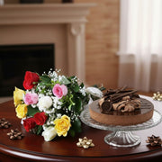 Quad Chocolate Baked Cake with Fresh Rose Bouquet