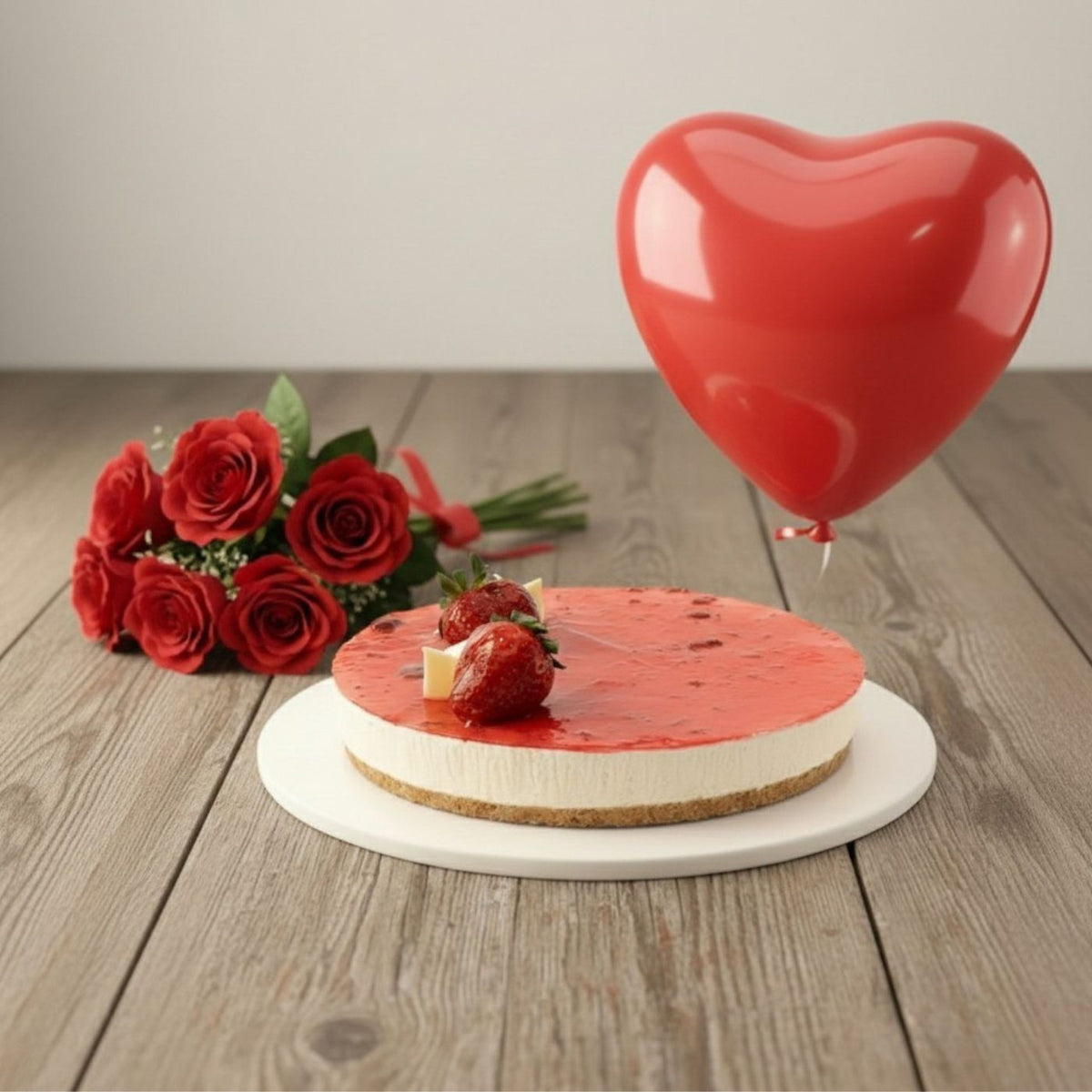 Scarlet Red Roses with Wild Strawberry Cake & Balloon