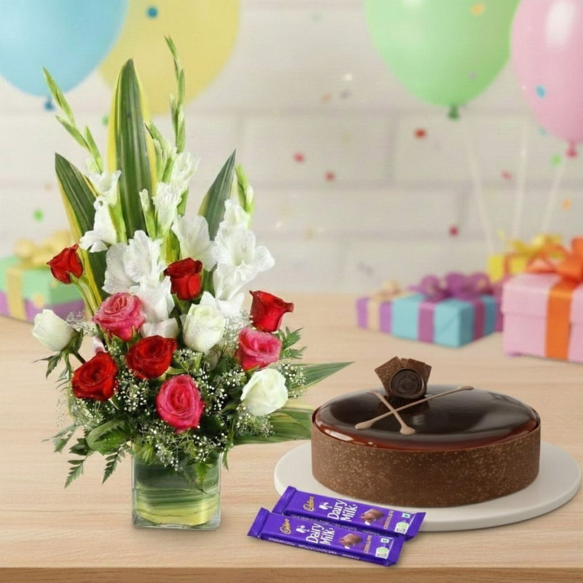 Elegant Flower Arrangement with Caramel Glaze Mud Cake & Chocolates