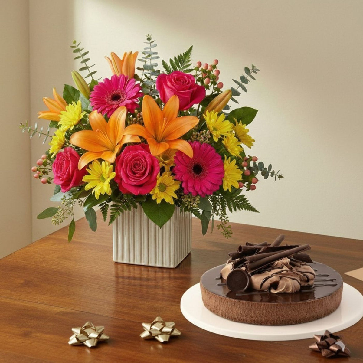 Assorted Flowers & Quad Choc Cake Combo