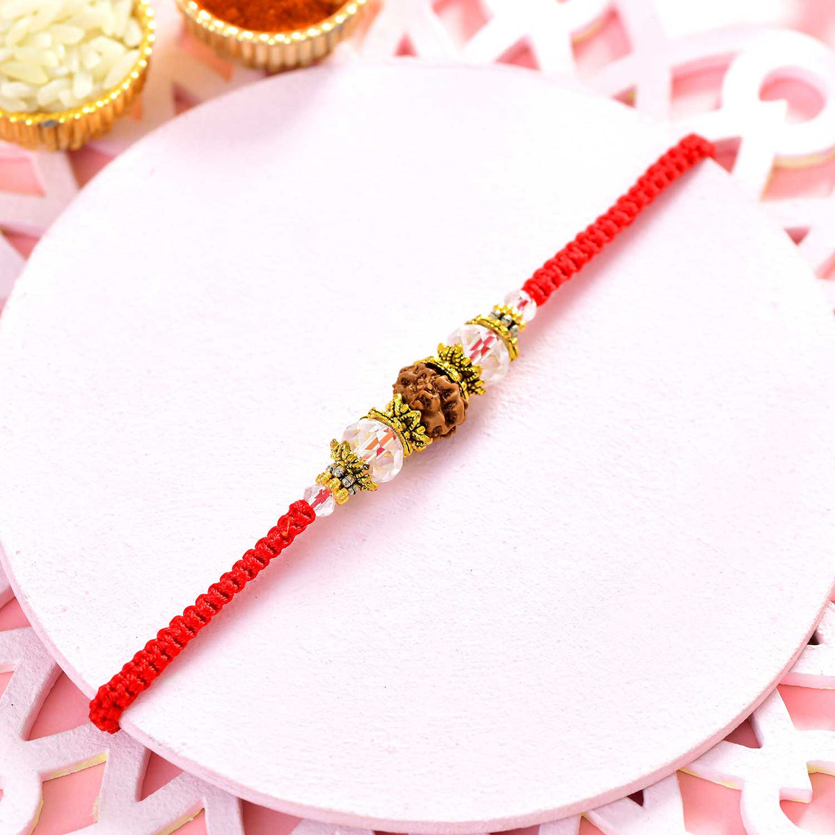 Premium Rudraksha and Clear Crystal Rakhi