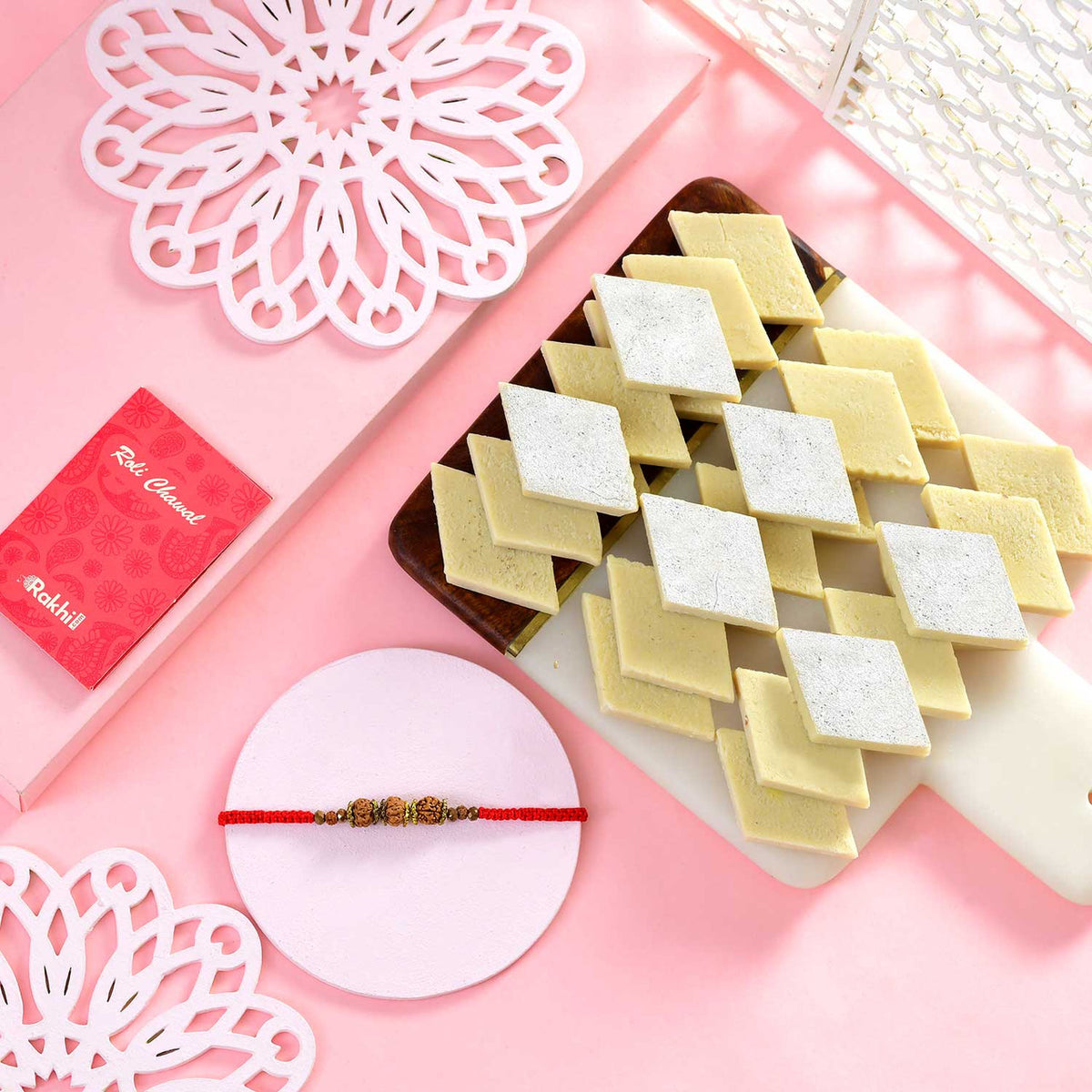 Rudraksha Rakhi With Kaju Katli