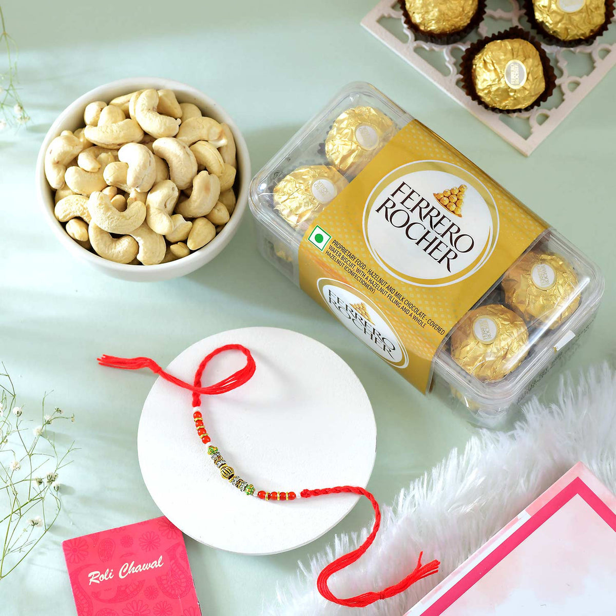 Gorgeous Red Moti Rakhi With Chocolates And Nuts