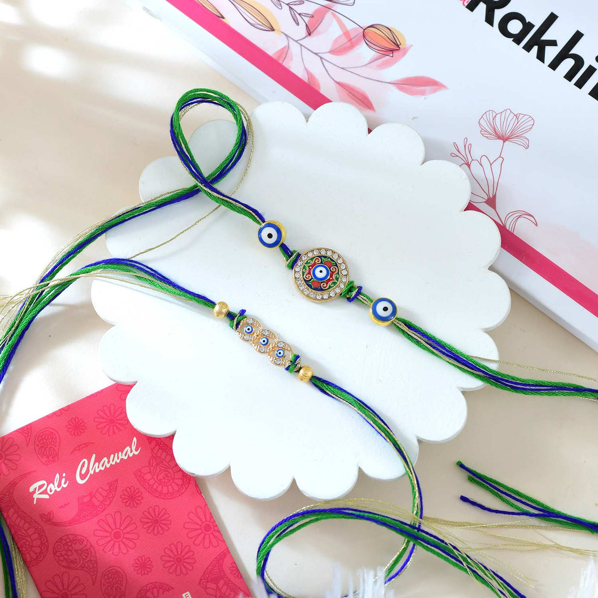 Set of 2 Vibrant Bhai Rakhi With Kaju Katli