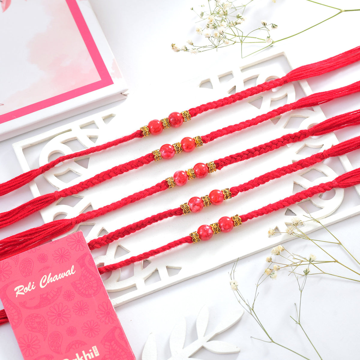 Set of 5 Red Beaded Rakhi