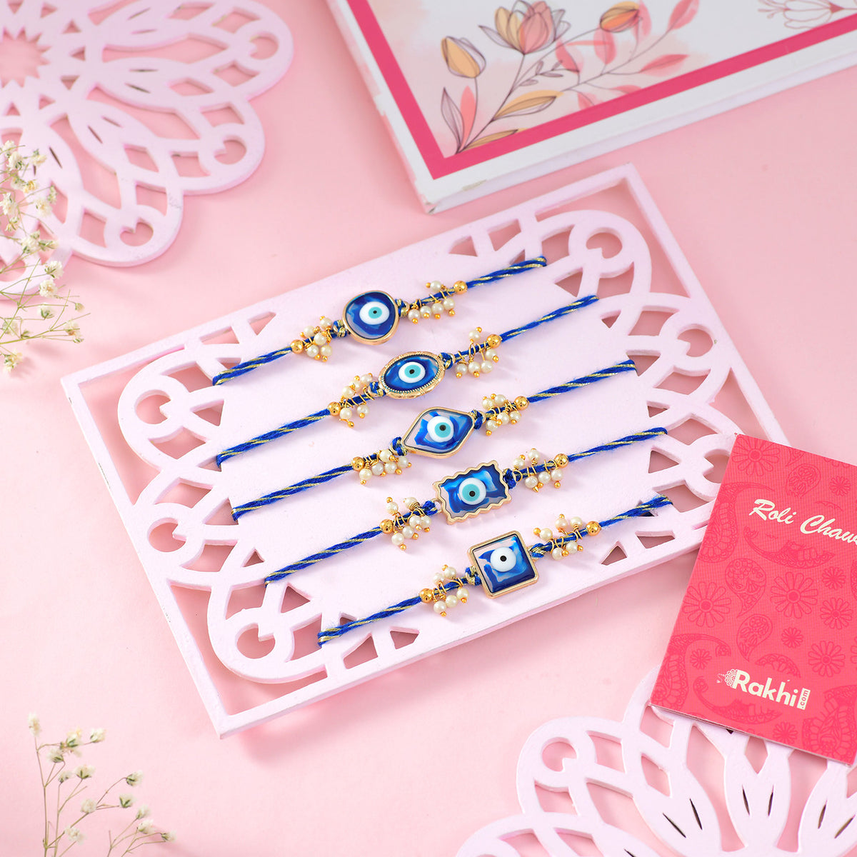 Set of 5 Evil Eye Rakhi With Gourmet Hamper
