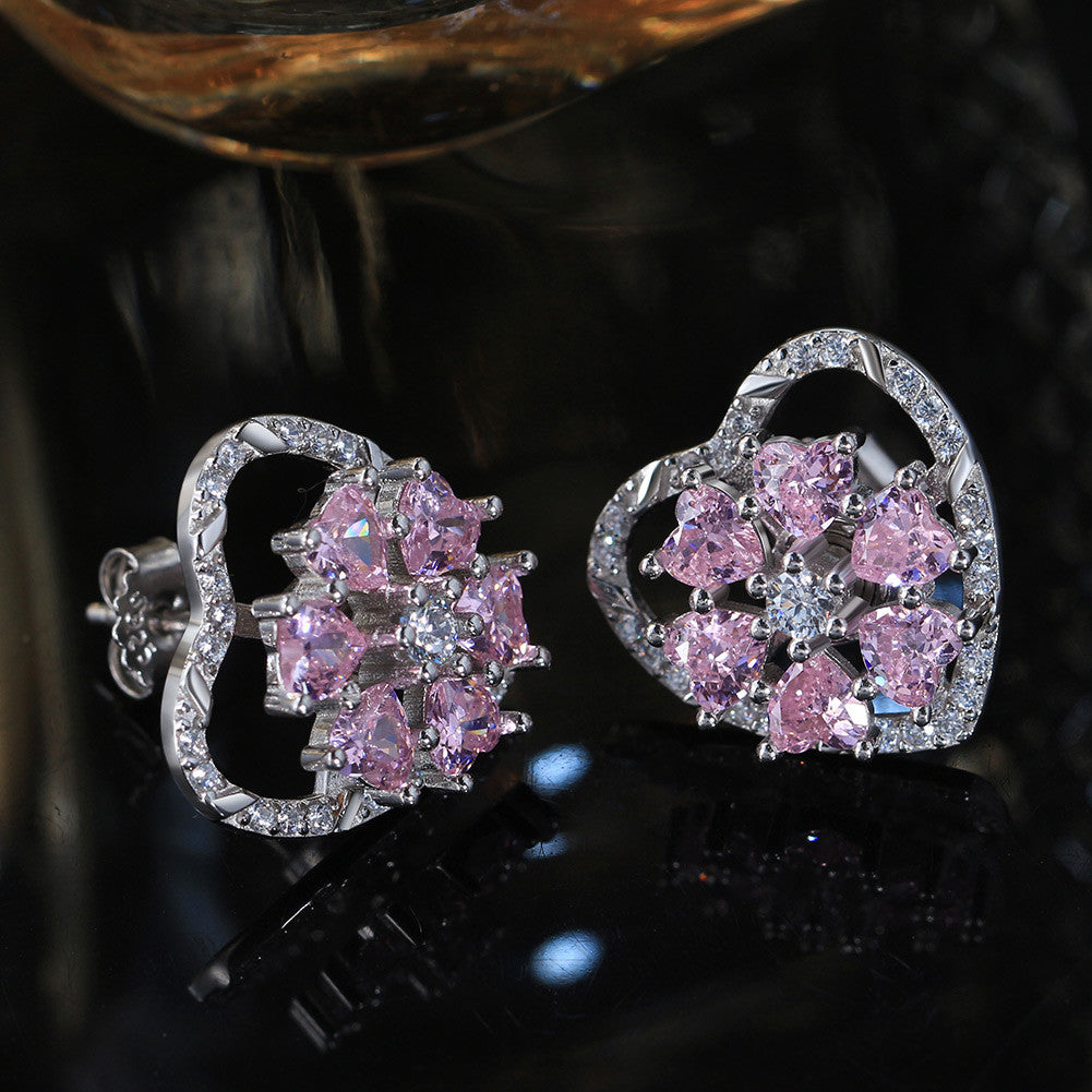 Charming 925 Sterling Silver Pink CZ Rotatable Earrings
