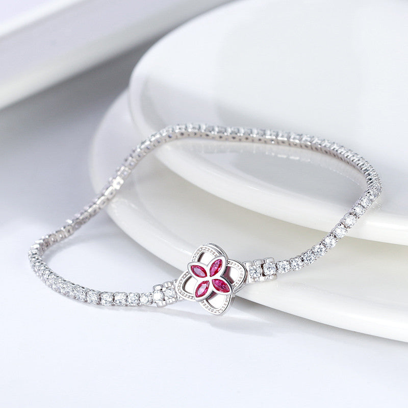 Enchanting 925 Sterling Silver Tennis Bracelet with Red CZ Clover Clasp