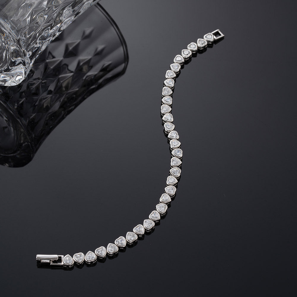 Classic Heart CZ Rhodium-Plated Sterling Silver Bracelet
