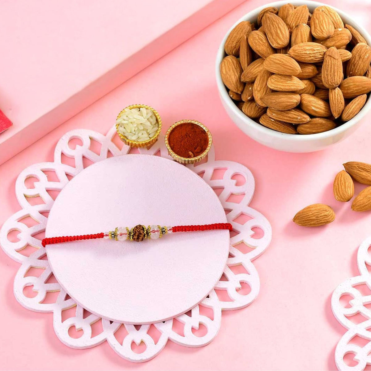 Premium Rudraksha & Clear Crystal Rakhi With Almond Nuts