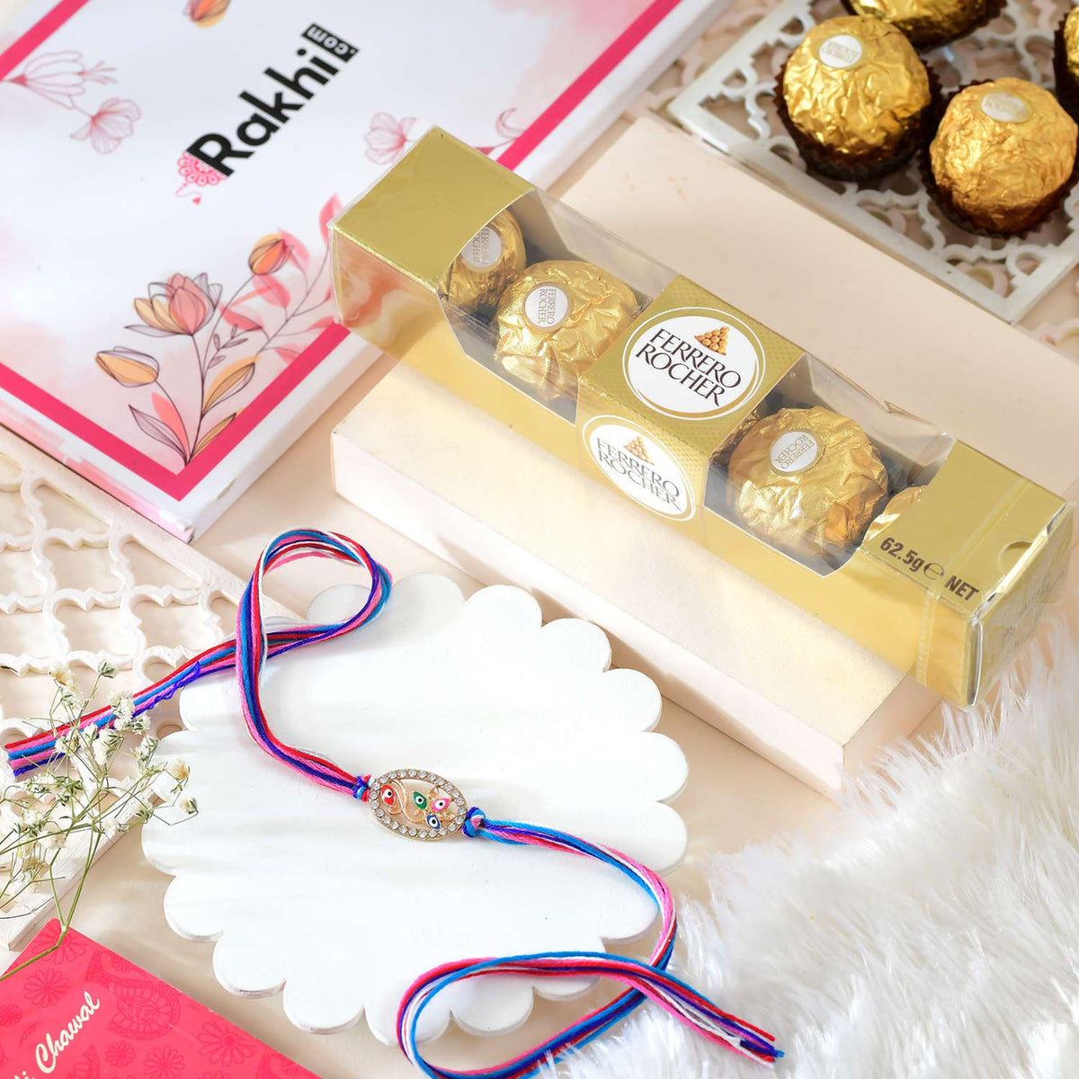 Single Rakhi With 5 Pcs Ferrero Rocher