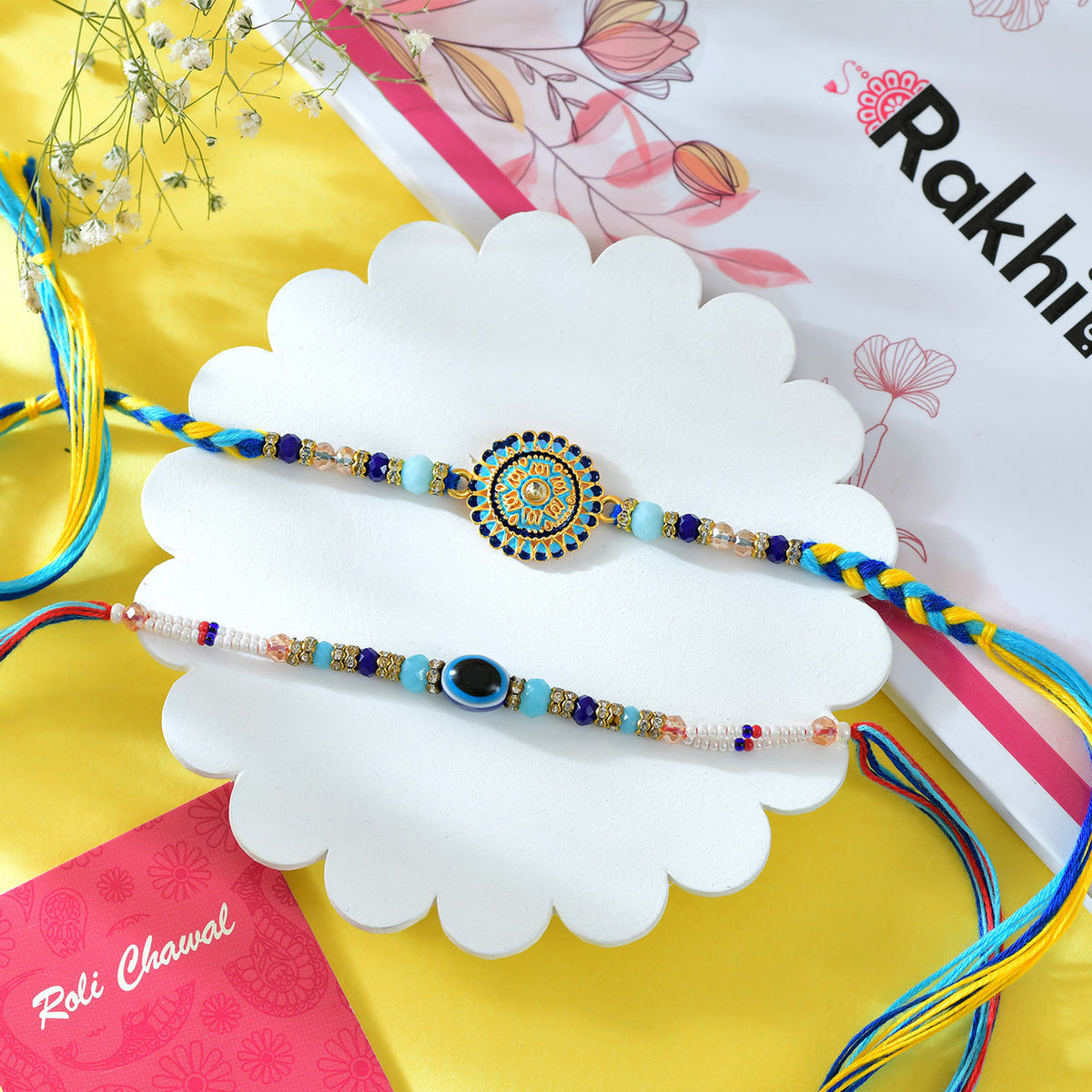 Set of 2 Bhai Rakhis With Gourmet Hamper