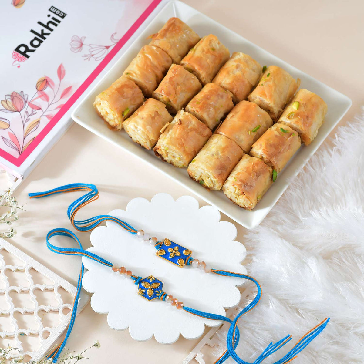 Set of Designer Rakhi With Baklava Sweet