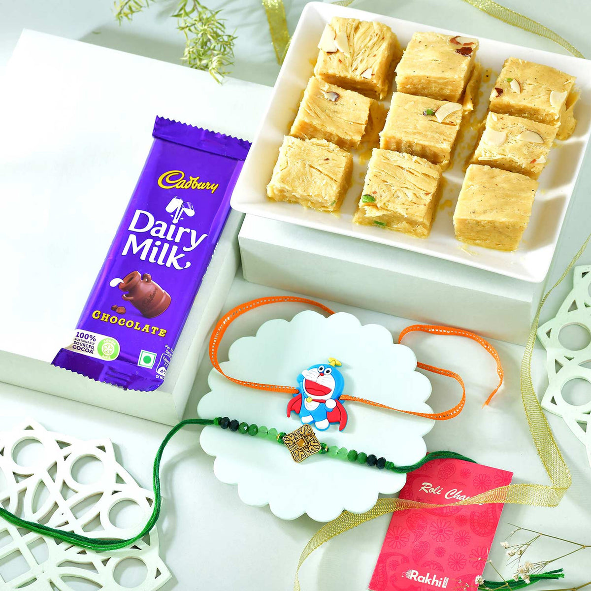 Set of 2 Rakhi With Soan Papdi & Chocolate