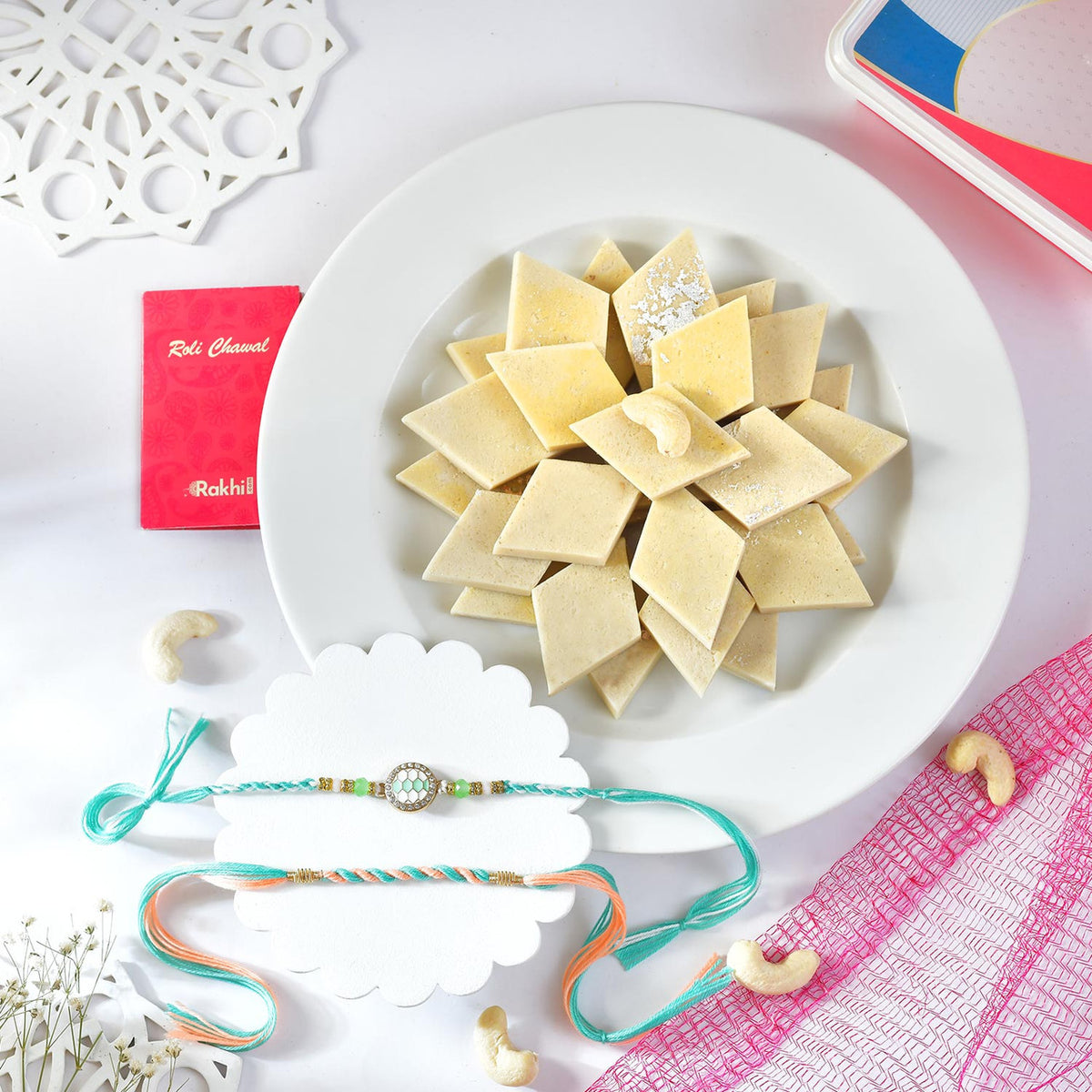Designer Rakhi Set with Kaju Katli Sweet