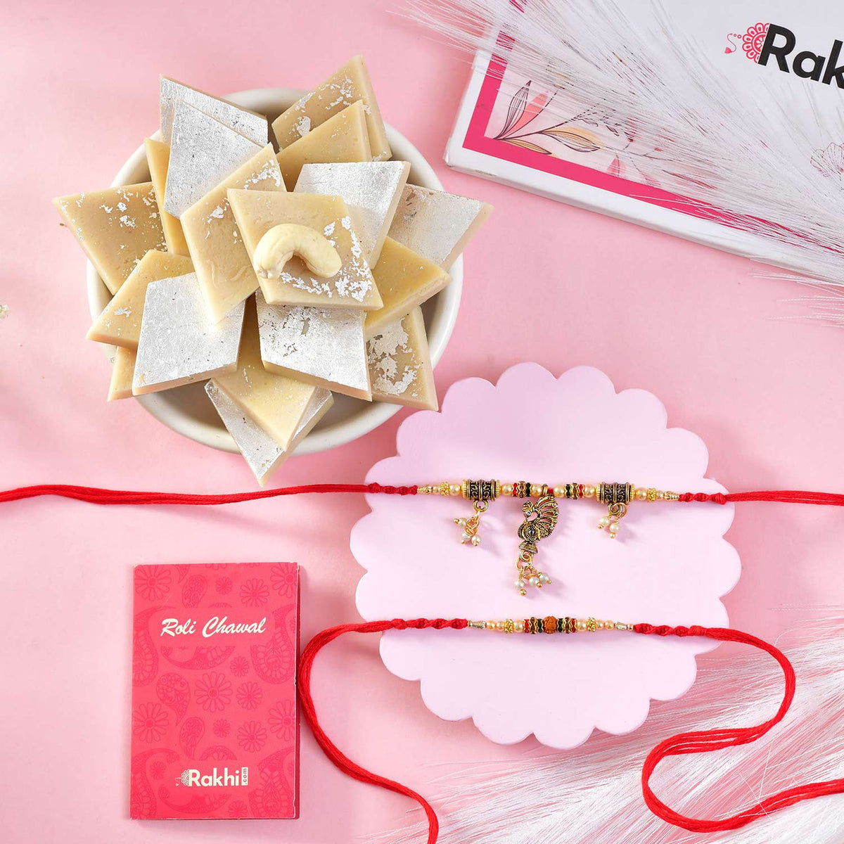 Rajasthani Style Peacock Rakhi With Kaju Katli
