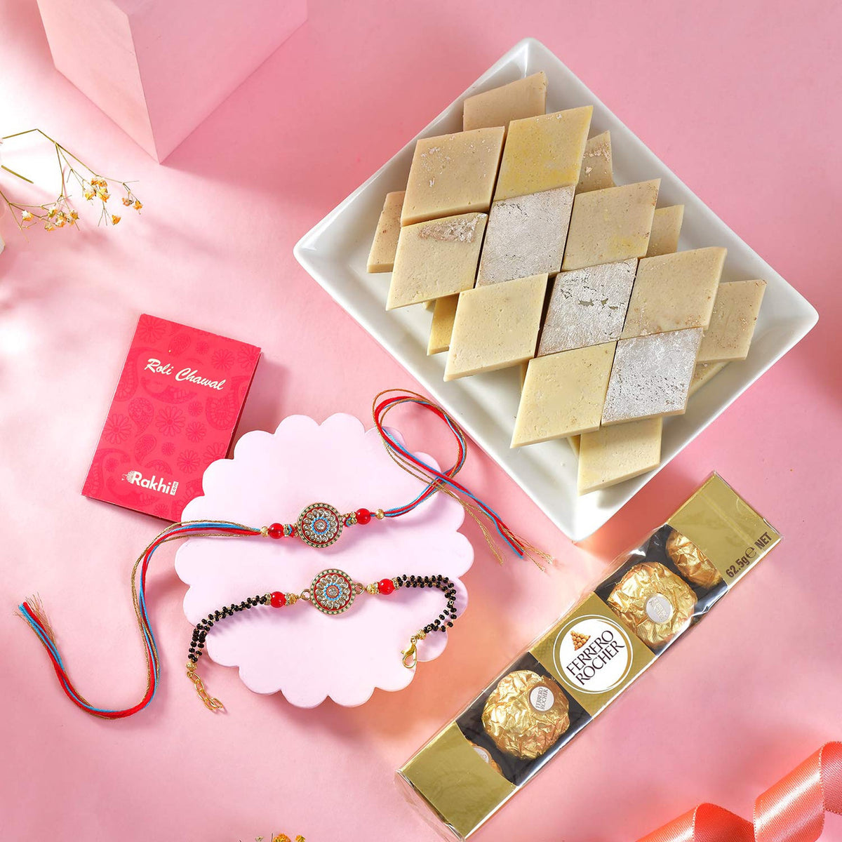 Designer Bhaiya Bhabhi Rakhi Set with Ferrero & Kaju katli
