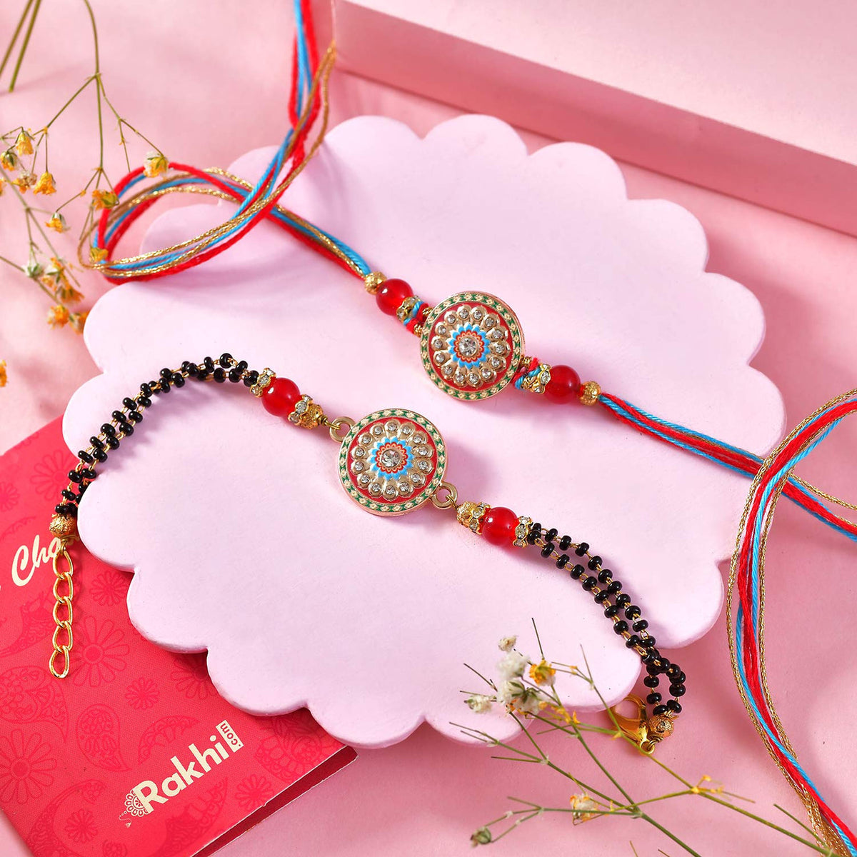 Designer Bhaiya Bhabhi Rakhi Set with Ferrero & Kaju katli