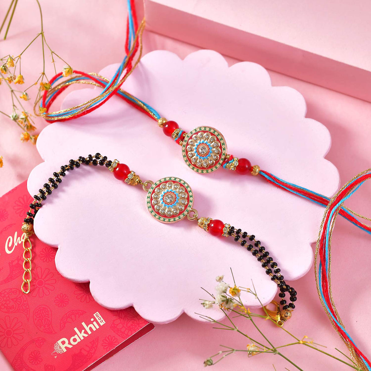 Designer Bhaiya Bhabhi Rakhi Set with Beaded Mangalsutra Rakhi