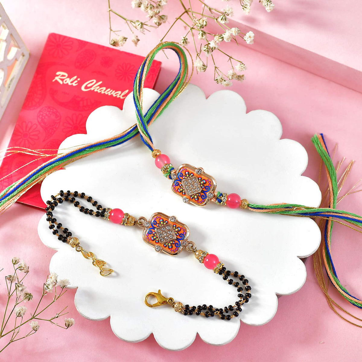 Elegant Bhaiya Bhabhi Rakhi Set with Sweet & Dryfruits