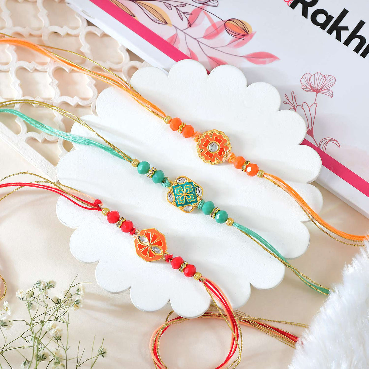 Set of 3 Floral Shape Rakhi With Kaju Katli