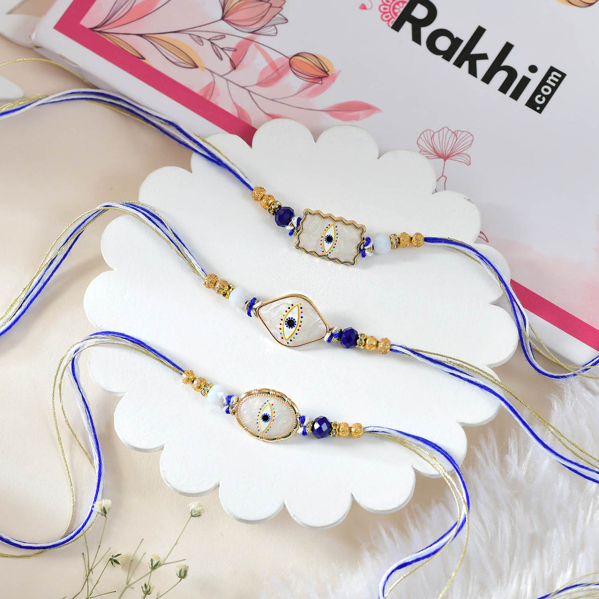 3 Evil Eye Rakhi With Sweets & Dryfruit Nuts