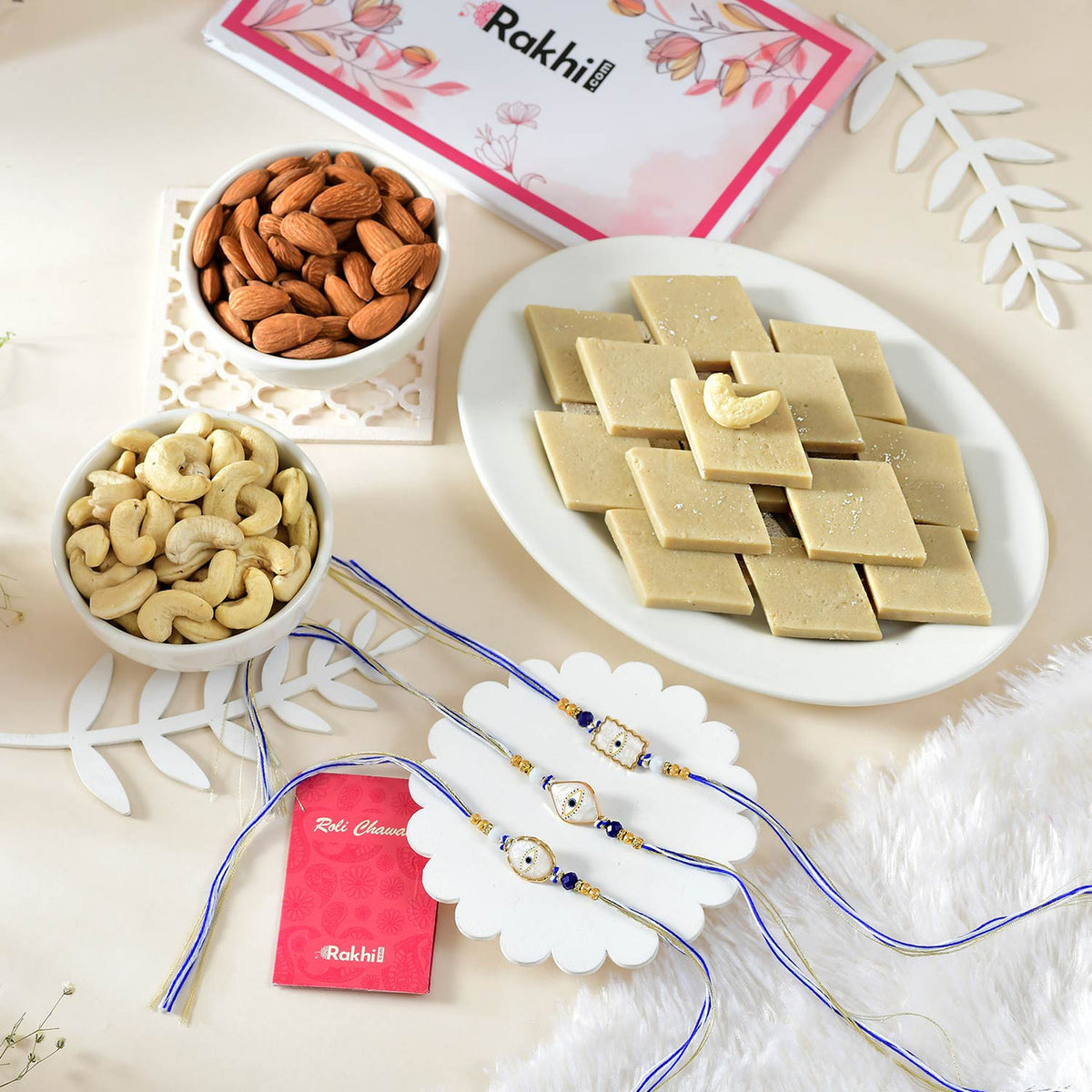 3 Evil Eye Rakhi With Sweets & Dryfruit Nuts