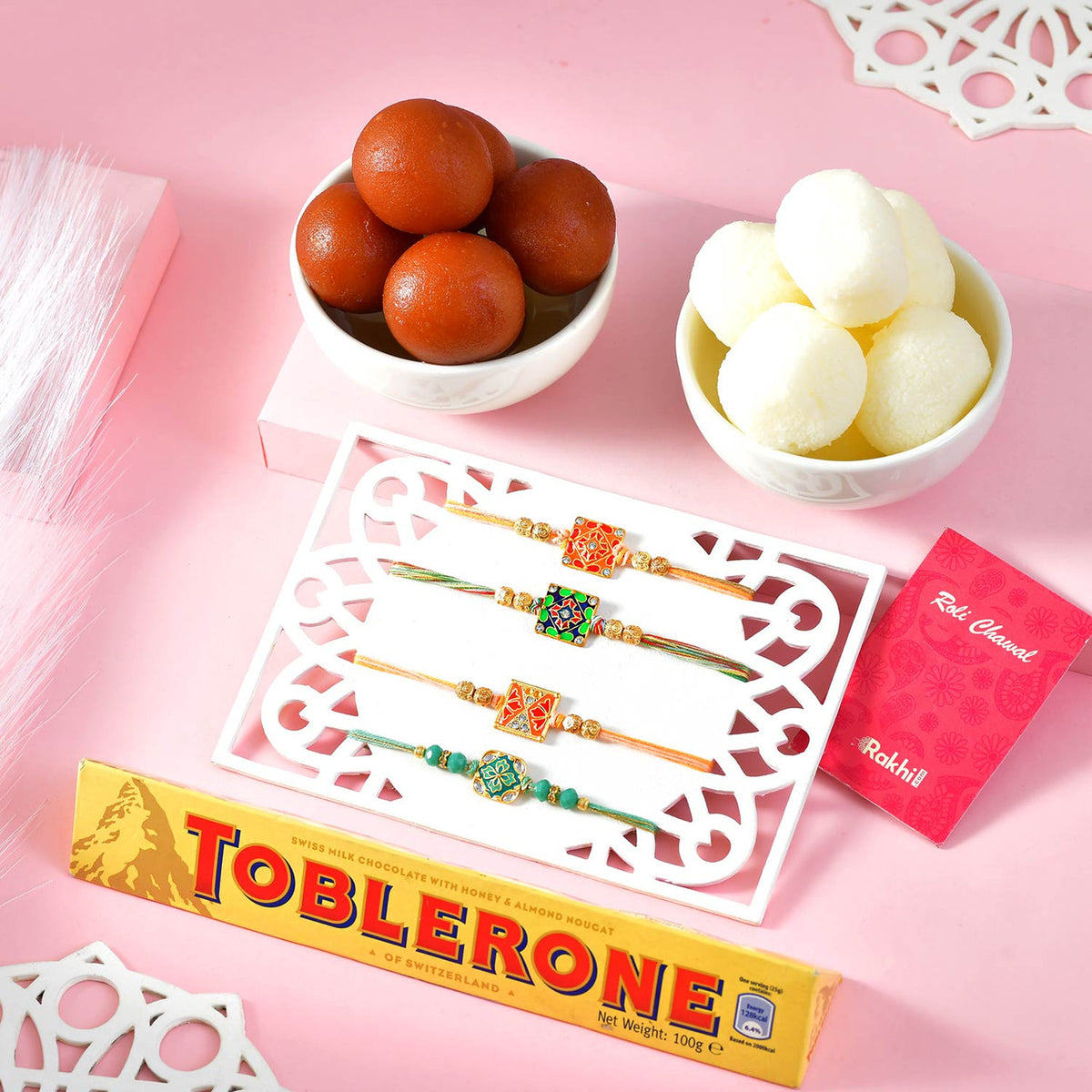 Set of 4 Rakhi With Chocolate & Sweets