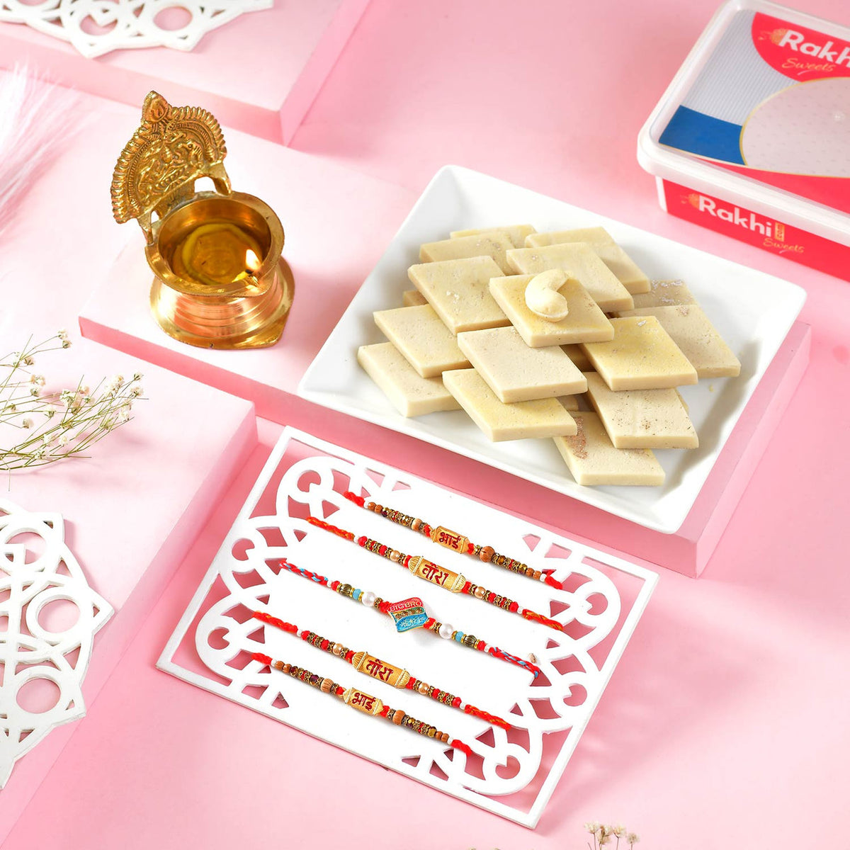 Traditional Bhai Rakhi Sets with Diya & kaju katli