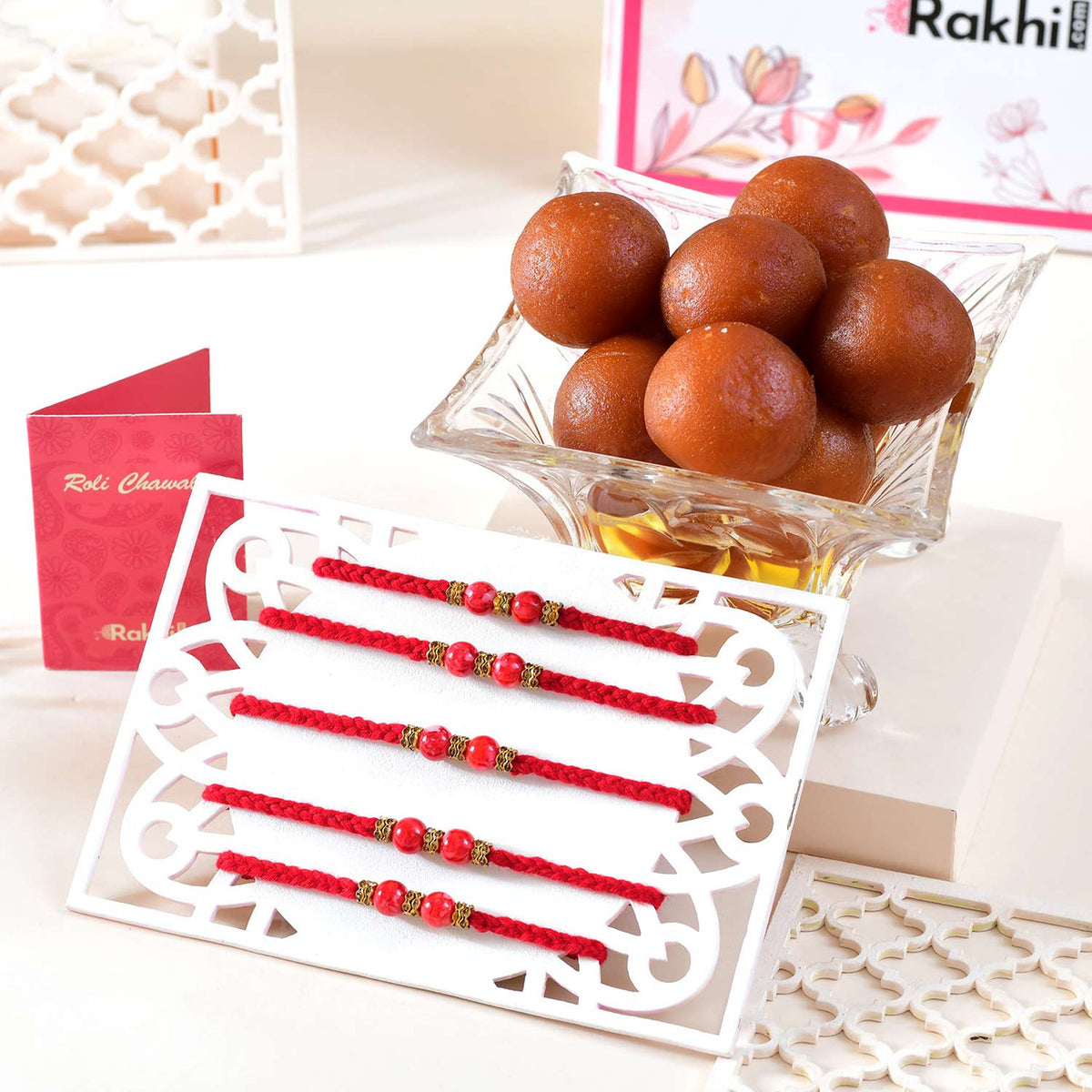 Set of 5 Rakhi With Gulab Jamun