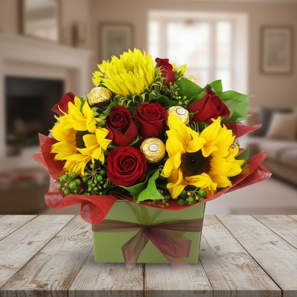 Golden Sunflower & Red Rose Gift Bouquet