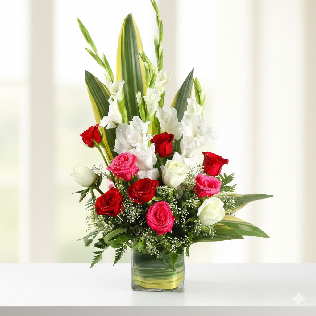 Elegant Flower Arrangement with Caramel Glaze Mud Cake & Chocolates