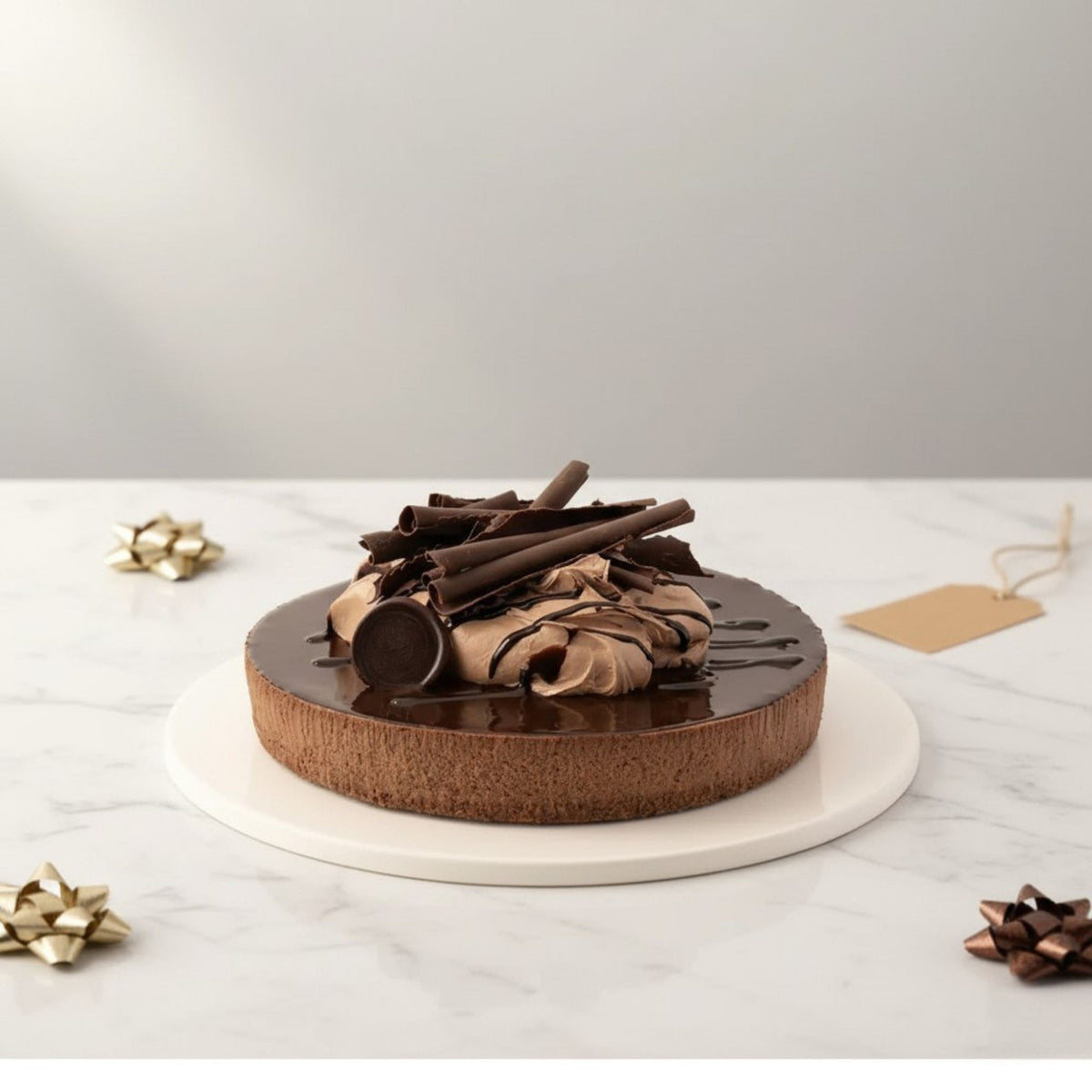 Quad Chocolate Baked Cake with Fresh Rose Bouquet