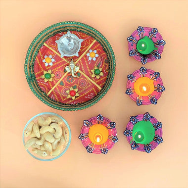 Bandhani Diwali Thali with Diyas & Cashews
