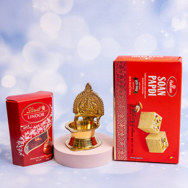 Brass Laxmi Diya with Lindt & Soan Papdi