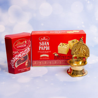 Brass Laxmi Diya with Lindt & Soan Papdi