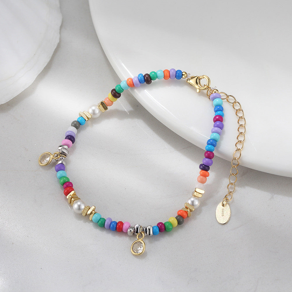 925 Sterling Silver Multicolor Shell Pearl Beaded Stylish Bracelet