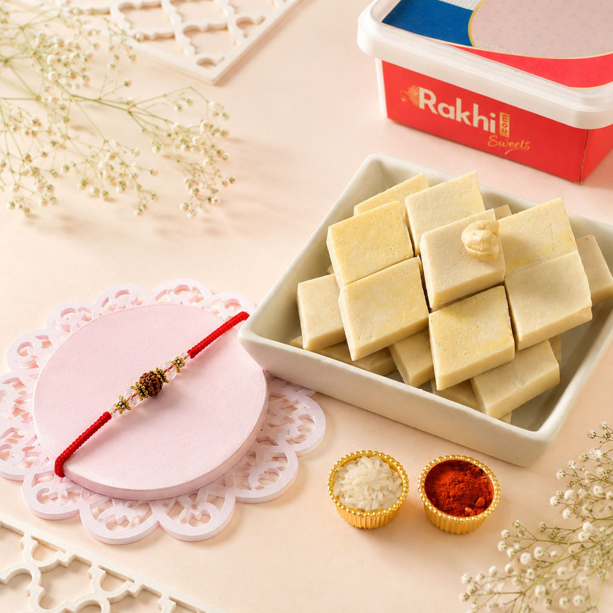 Rudraksha Rakhi with Kaju Katli