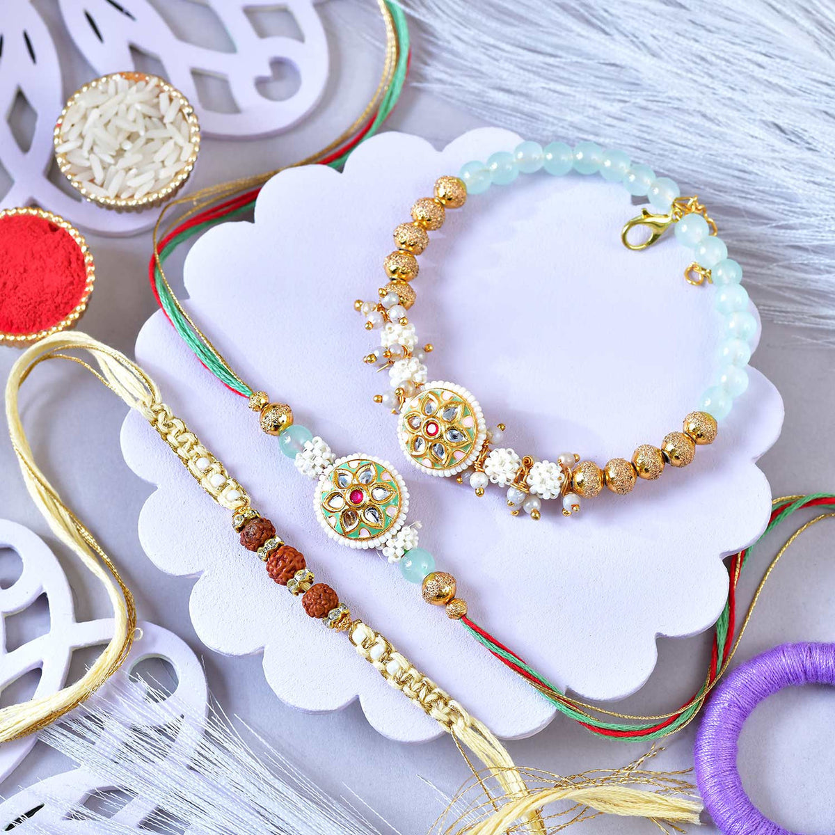 Designer Bhaiya Bhabhi Rakhi Set with Bracelet & Rudraksha Rakhi