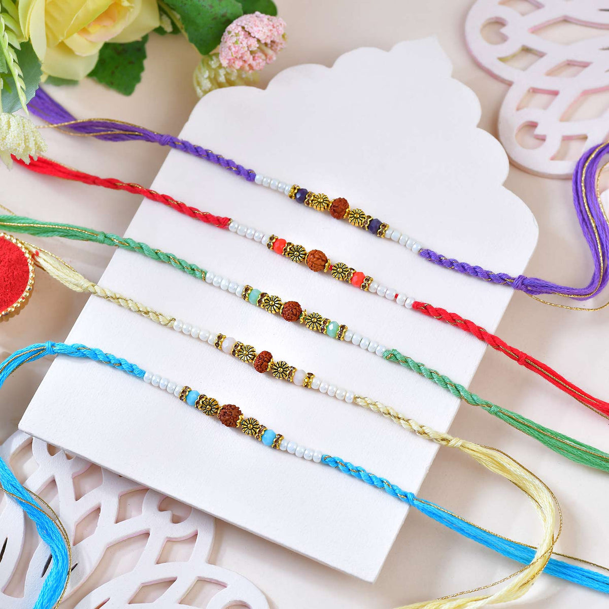 Set of 5 Rudraksha & Pearl Designer Rakhi with Kaju Katli